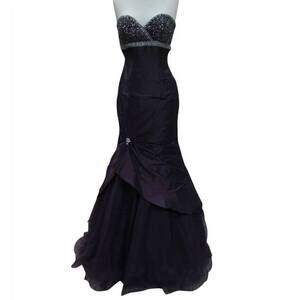 Precious Formals Black and Purple Strapless Beaded Mermaid Gown